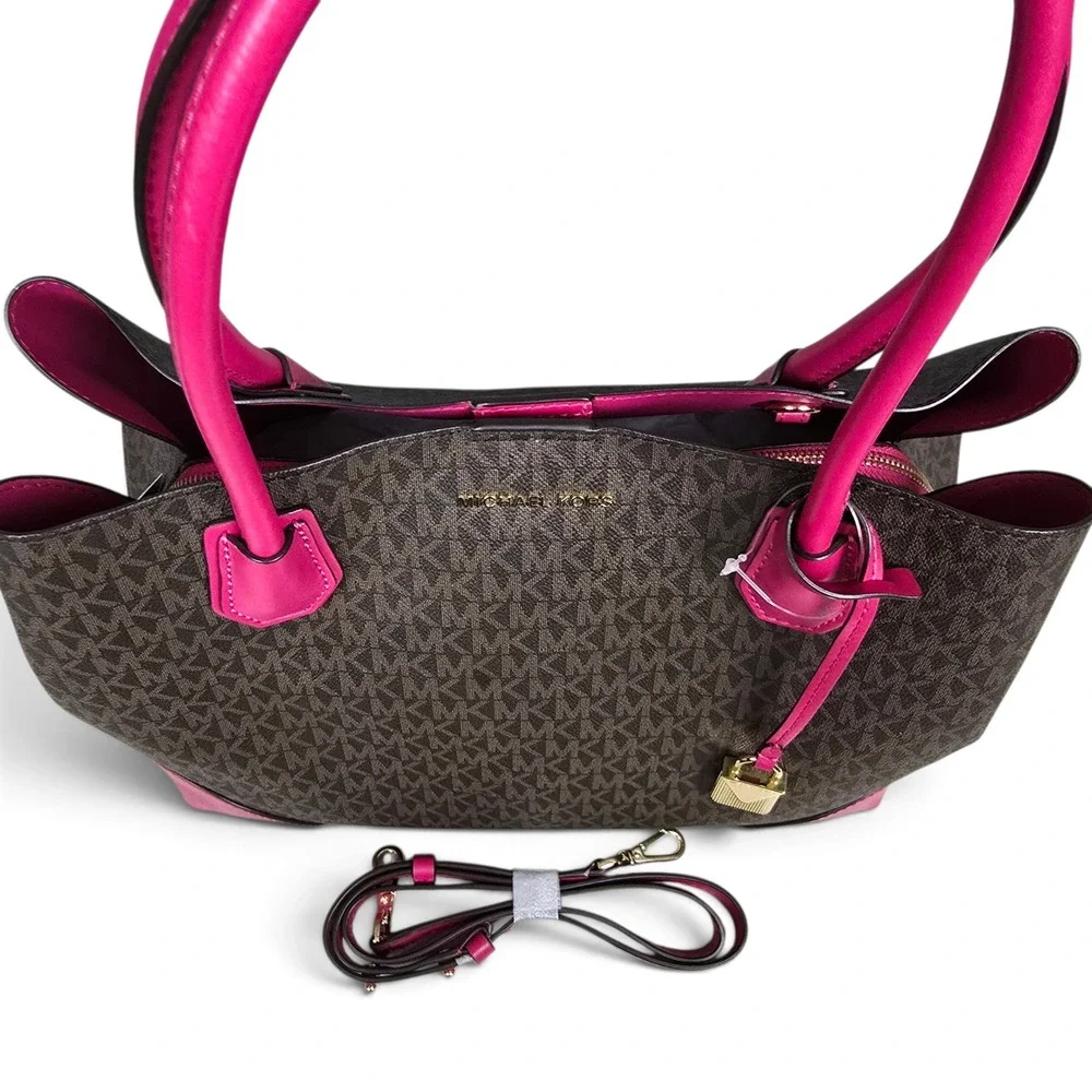 Michael Kors Mercer Corner Studio Large Center Zip Tote Brown Pink 30H7GZ5T7V